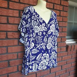 Rachel Zoe Floral Top Womens Plus 2X Blue White V Neck Flutter Cap Sleeve Blouse
